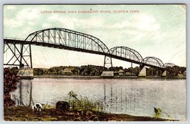 Postcard Lyons Bridge Over Mississippi River, Clinton Iowa Dog On River Bank - £5.45 GBP