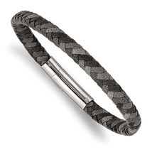 Stainless Steel Polished Black and Grey Braided Leather 8.25 inch Bracelet - $75.00