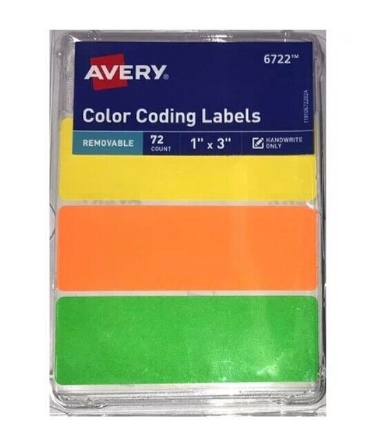 Avery Removable Color Coding Labels, 1" X 3", #6722, Pack of 72 Labels - £4.66 GBP