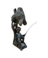 Vintage Dark Ebony Wooden Sculpture Boy Fishing Under Tree - £61.91 GBP