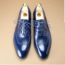 New Handmade Men&#39;s Navy Blue Leather Wingtip Lace Up Dress Oxford Shoes for Men - £103.18 GBP+
