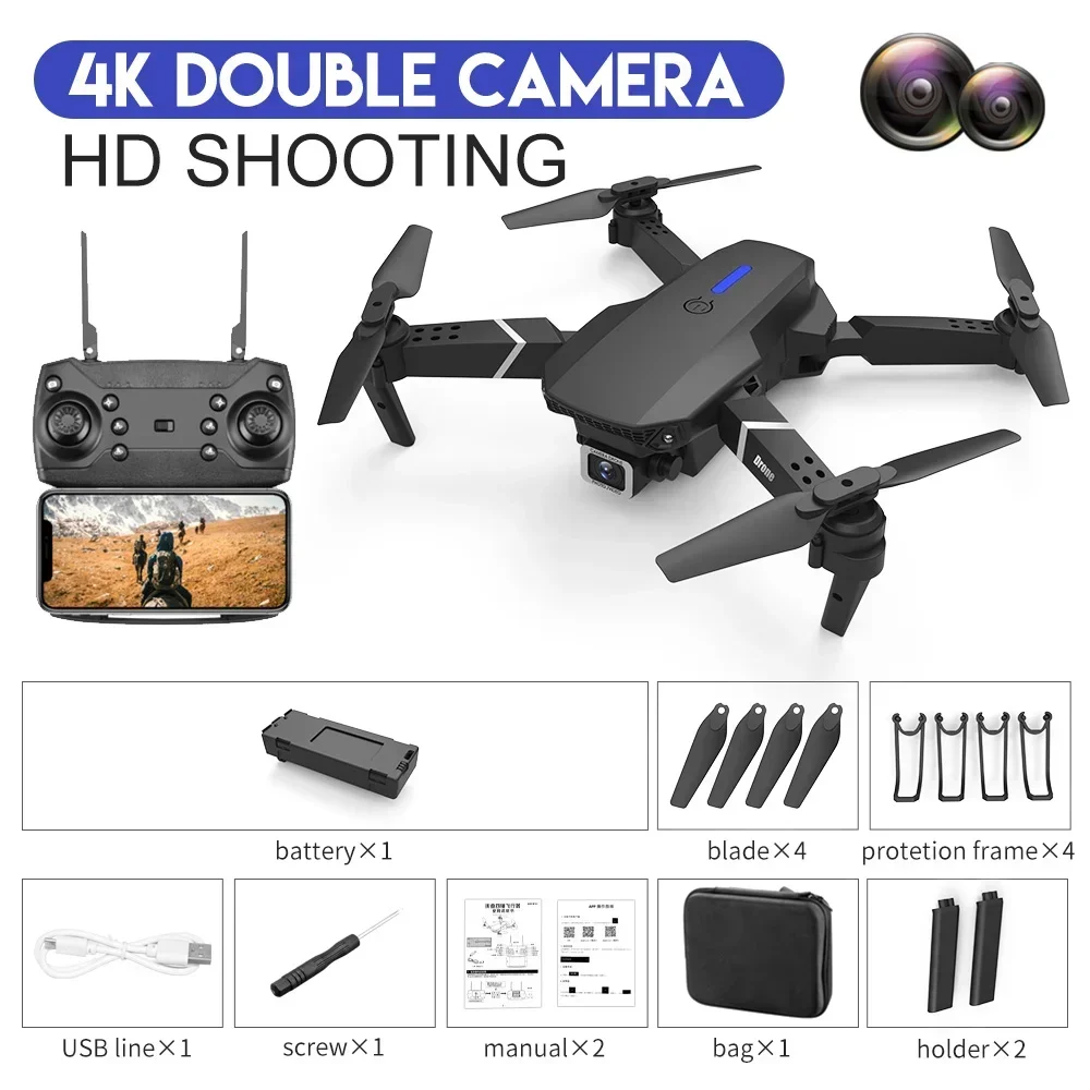 2024 E88Pro RC Drone 4K 1080P HD Camera Foldable Quadcopter (Black Dual4... - $46.00