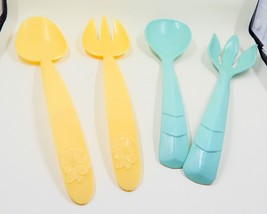 Yellow Flower and Teal Speckled Plastic Salad Fork &amp; Spoon Set of 2 - £19.97 GBP