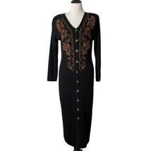 Carole Little Long Black Knit Dress Vintage Embroidered Buttons Women Size M P - £54.50 GBP