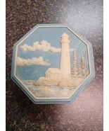 Vintage Blue Soapstone Incolay Lighthouse Octagon Trinket Box Design Gifts - $33.94 CAD