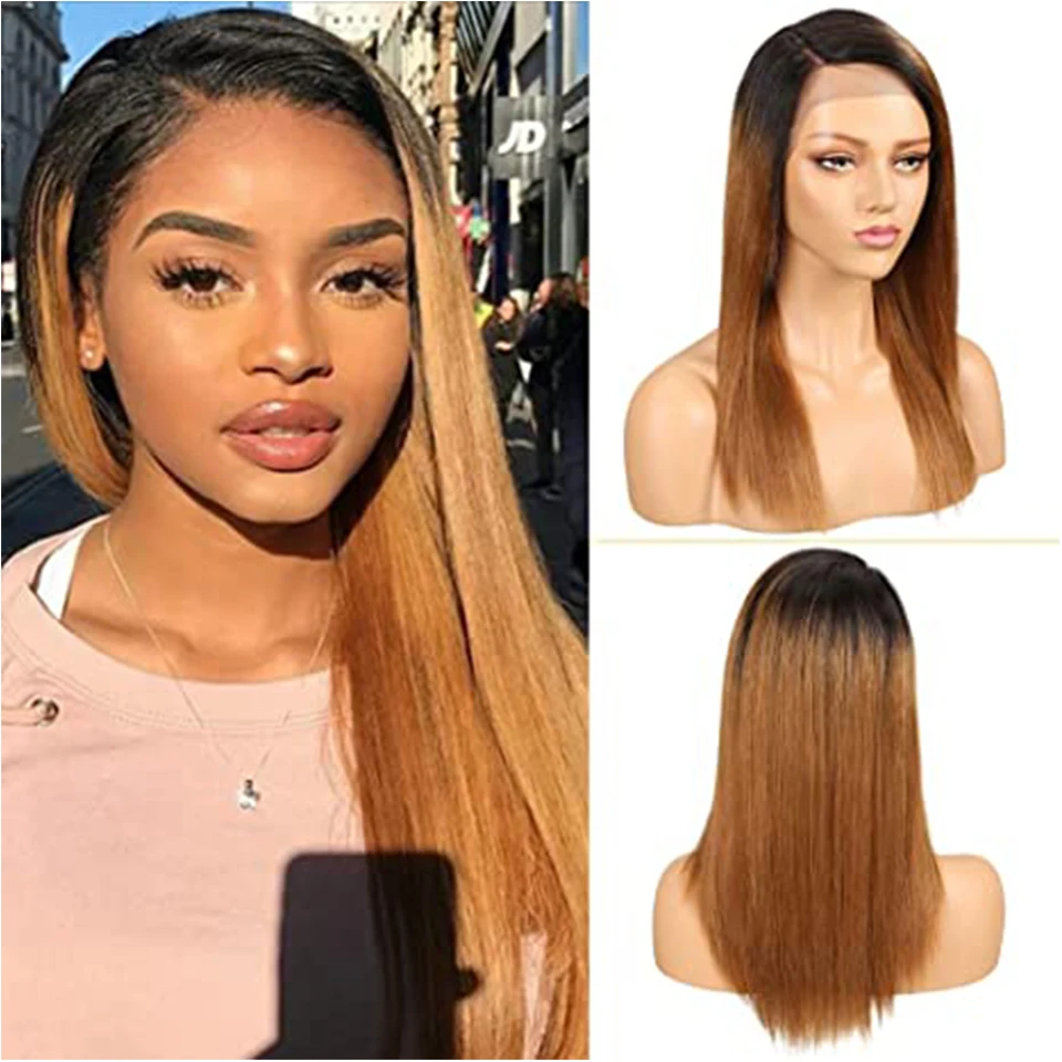 Sleek Lace Human Hair Wigs 18 Inch Long Ombre Brown Straight Brazilian Hair Wigs - £72.79 GBP
