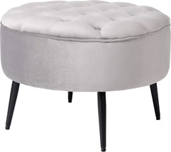 Tufted Round Grey Ottoman From Birdrock Home With Velvet Foot Stool, Steel Mid - $138.98