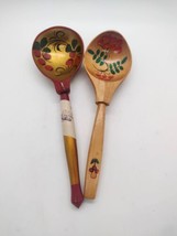 2 Vintage Khokloma Russian Handpainted Wooden Spoons Marked Floral Decor - £9.46 GBP