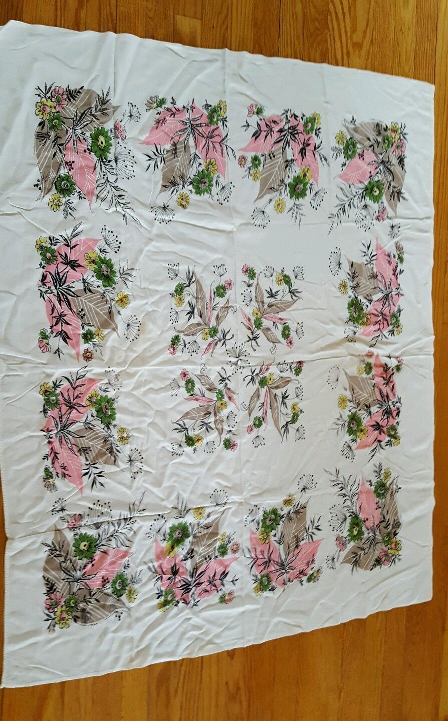 Vintage Tablecloth Pink Green Black flowers on white 51 x 41 inches VGC - $10.84