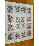 Vintage Tablecloth Pink Green Black flowers on white 51 x 41 inches VGC - $10.84