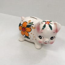 vintage ceramic cute little piggy with painted flowers piggy bank made i... - $19.75
