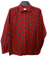 Foxcroft Vintage 90&#39;s Medallion Print Dark Red Button Up Long Sleeve Shi... - £21.94 GBP