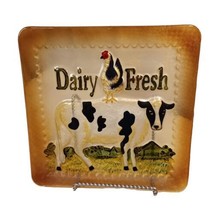 Vtg Reversed Painted Glass Dairy Fresh Holstein Cow Rooster Plate Decor 10.5&quot;sq - £12.46 GBP