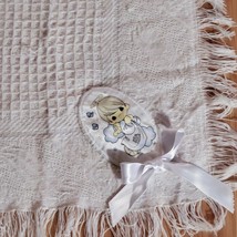 Precious Moments White Shawl Blanket Acrylic Fringe Satin Angel Boy Baby Infant - £19.87 GBP