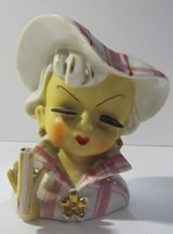 Vintage Lady  Head Vase Pink Plaid  Eyelashes - $53.20