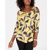 JM Collection Womens Large Yellow Leaves Printed Cold Shoulder Top NWT AJ29 - $17.63
