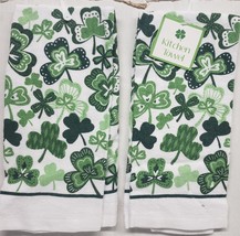 Set Of 2 Same Printed Kitchen Towels(15&quot;x25&quot;) Shamrock Green Leaves On White, Mi - £9.48 GBP