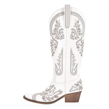 Women Pointed Toe Embroidered White Western Cowboy Boots Block Heel Pull-On Cowg - £99.59 GBP