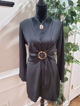 Top Shop Women Black Solid 100% Polyester V-Neck Long Sleeve Knee Length Dress 8 - £21.67 GBP
