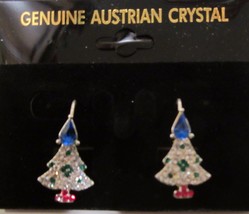 Christmas Tree Pierced Earrings Rhinestone Crystal Green Blue Silver Tone - £14.11 GBP