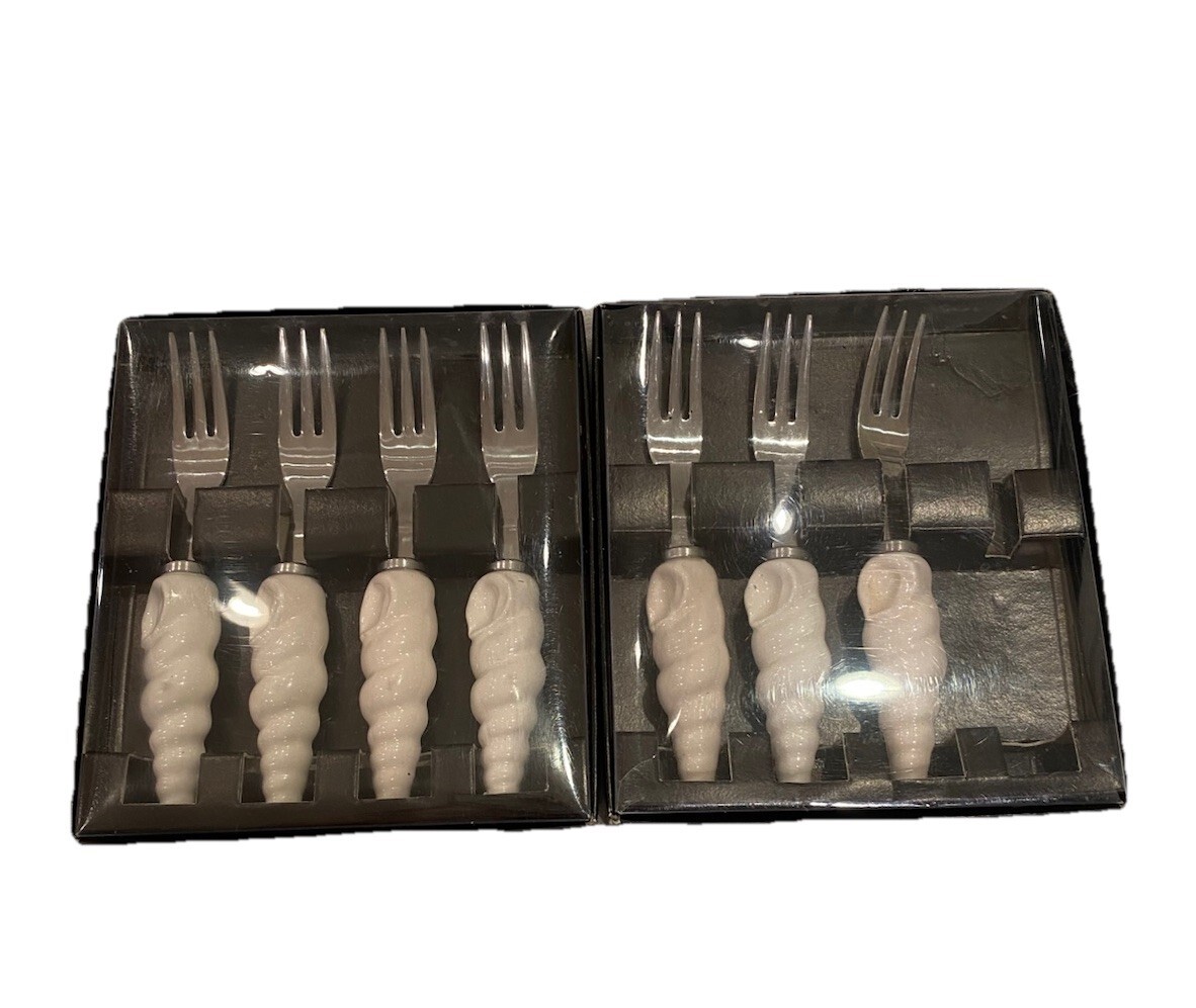 Vintage Stafford Stainless Steel Cocktail Forks w/Ceramic Shell Handles ... - $23.74
