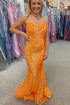 Sparkle Orange Sequin Mermaid Long Formal Dress Maxi Dinner Dresses - £127.87 GBP