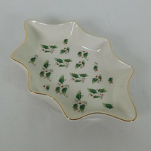 Holly Holiday Gold Trim Christmas Candy Nut Dish Scalloped Edge Porcelai... - $14.52