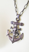 unisex SKULL ANCHOR NECKLACE black chain metal forever love goth biker jewelry - £5.58 GBP