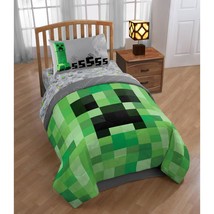 Twin Bedding Set Minecraft 4-Piece Kids Microfiber Green Grey Comforter Sheets - £82.86 GBP
