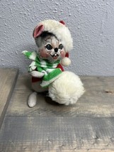 Annalee  Christmas Mouse With Snowball Muff. Green And White Stripe Scarf. Tag - £13.93 GBP
