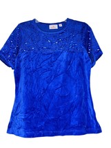 Quacker Factory Stretch Velvet Velour Sequin Cobalt Blue Short Sleeve Top Tee S - $18.78