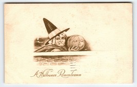 Vintage Halloween Postcard Witch Moon JOL Pumpkin Gibson Sepia Remembran... - £75.56 GBP