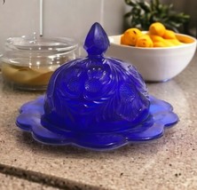 Vtg Cobalt Blue Glass INVERTED THISTLE Round Dome Covered Butter / Chees... - £18.99 GBP