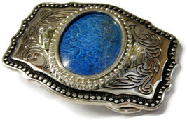 Western Belt Buckle Simulated Turquoise Blue Silver Tone Made in USA - £31.15 GBP