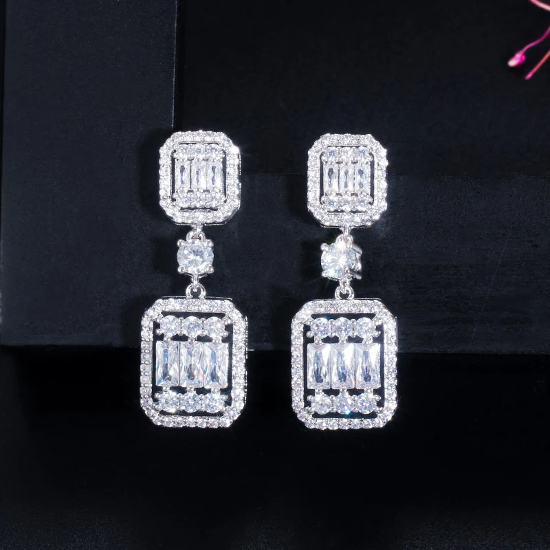 Trendy Luxury Square Shape Drop Dangle Earrings for Women Cubic Zirconia Bridal  - £19.26 GBP