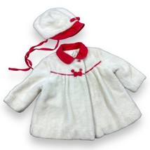 Vtg 40-50’s Ivory Furry Pea Coat Infant Toddler Red Velvet Trim Bows +Hat - $46.04