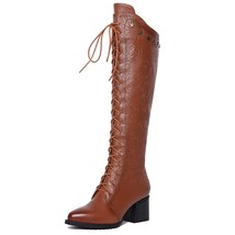 Knee High Boots Women Cow Genuine Leather Pointed Toe High Heel ZIP Laces Punk C - £121.82 GBP