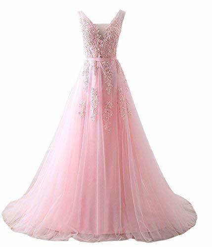 Kivary Women V Neck Beaded Long Prom Dress Formal Tulle Evening Gown Blush Pink