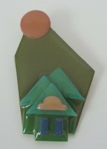 House Pin by Lucinda 3-D Brooch Collectible Green Beige - $24.70