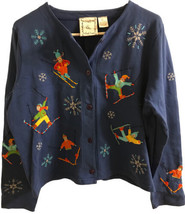 Michael Simon Size LARGE Ski Snowflakes Womens Cropped Sweater Cardigan Winter  - £38.68 GBP