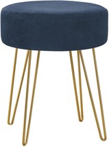 Monarch Specialties I 9002 Round Foot Stool With Padded Seat, Blue Fabric/Gold - £44.58 GBP