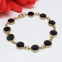 Vintage Bezel Set Black Crystal Bracelet Gold Plate Jet Black Glass - £15.94 GBP