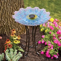 Solar LED Floral Glass Bird Bath with Stand - Purple &amp; Purple Dahlia - £64.13 GBP