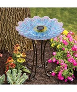 Solar LED Floral Glass Bird Bath with Stand - Purple &amp; Purple Dahlia - £63.20 GBP