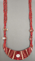 Red Beaded Moon Shell Multi Strand Necklace 22 Inches - £11.18 GBP