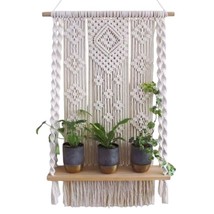 Handmade Macrame Floating Shelf Boho Rope Woven Tapestry Plant Hanger Wood - £72.40 GBP