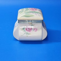 Vintage SCHMID Pink Roses Floral - MUSICAL Porcelain Powder Trinket Box  #272 - £21.97 GBP