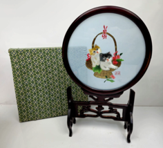 Vintage Chinese Silk Embroidered Cats 2 Sided Round Glass w/ Wood Frame &amp; Stand - £27.32 GBP
