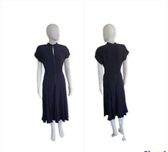 Vintage 40s Navy Silk Crepe Fit Flare Midi Dress Buttons W26&quot; - £114.74 GBP