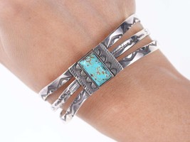 c1940&#39;s Navajo Silver Stamped cuff bracelet with whirling logs and turquoise cen - £455.15 GBP